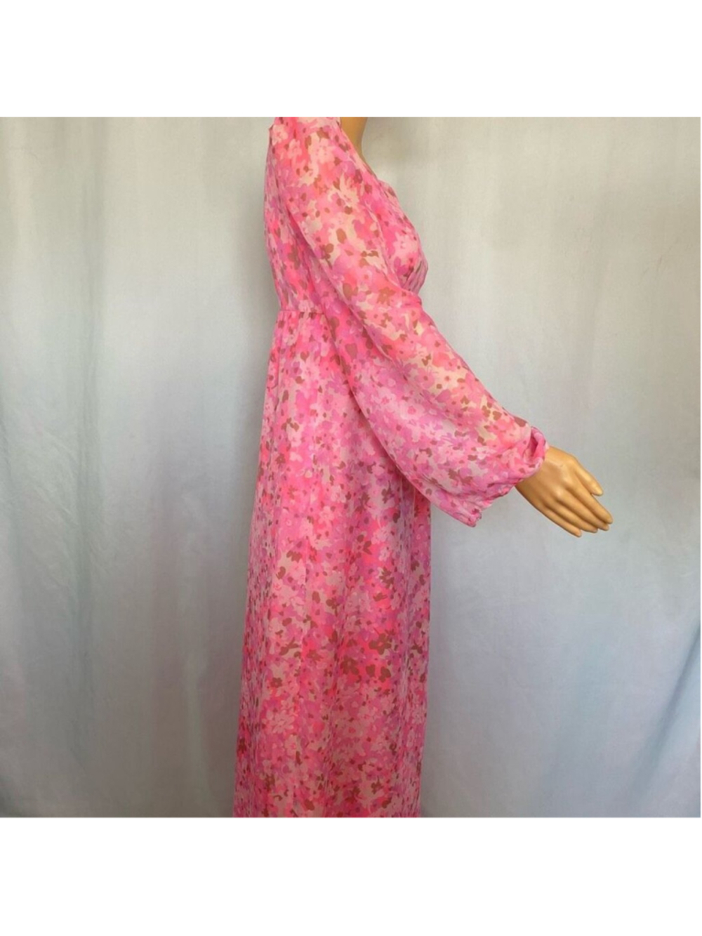 Vintage 60s Pink Floral Maxi Dress Sheer Chiffon Flower power psychedelic Women - Picture 2 of 10